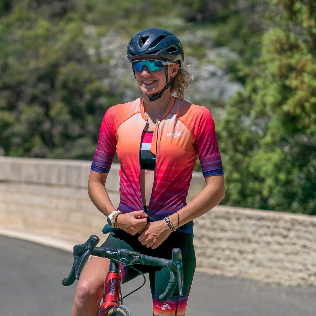 maillot vélo femme manches courtes couleur sunset dégradé orange violet fabrication française