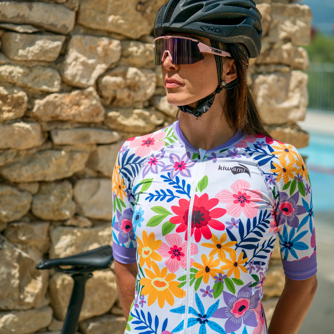 maillot de vélo pour femme Spandelles fond blanc avec des fleurs