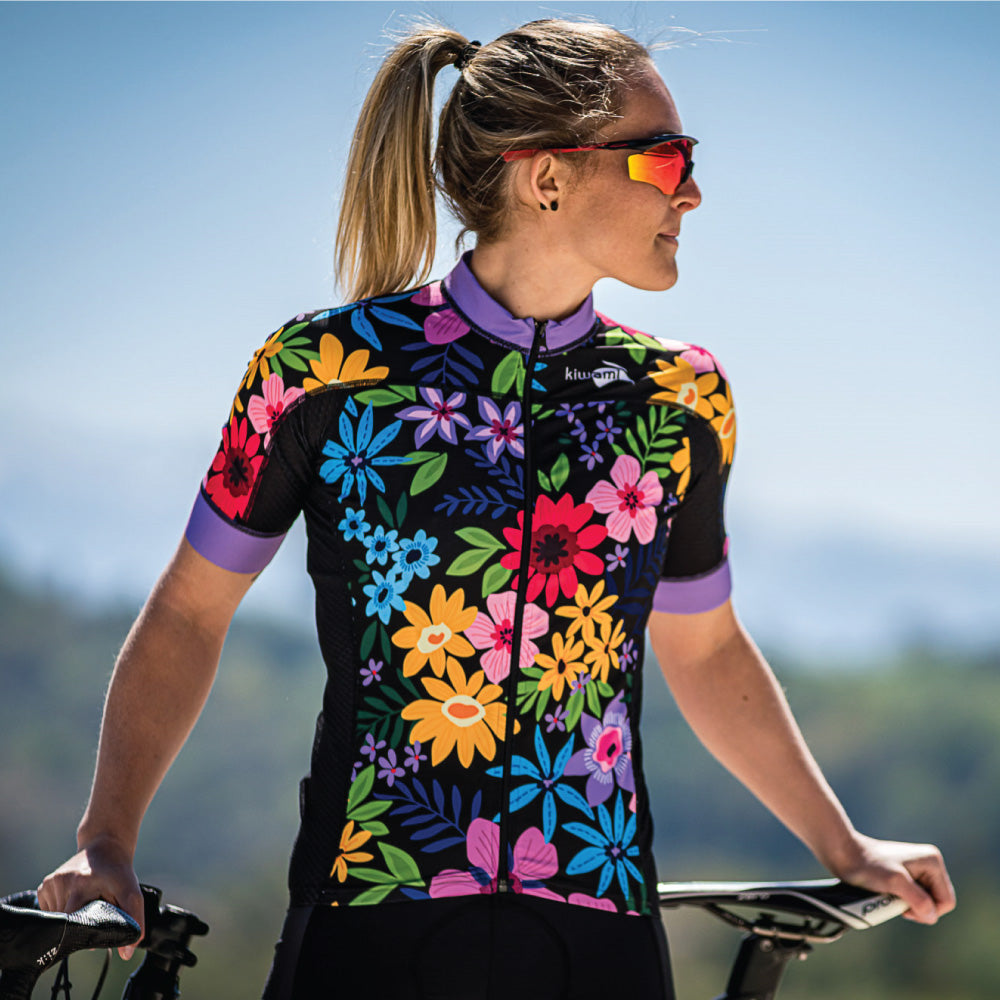 fahrradbekleidung damen sommer Damen-Radtrikot : Black Flowers