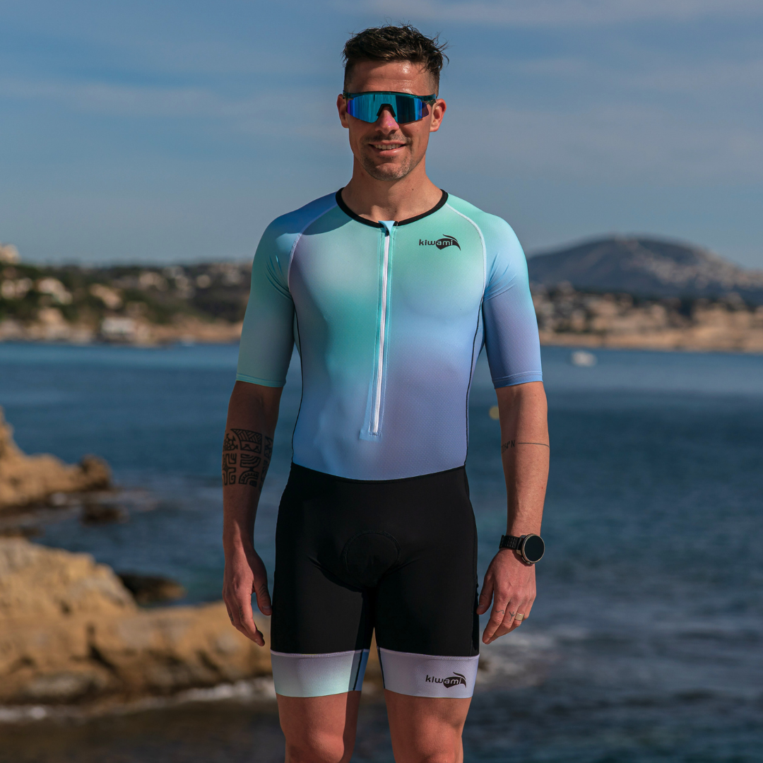 Trifonction homme Kiwami longue distance, performance aérodynamique, poches nutrition, confort extrême, peau de chamois renforcée, fabrication française haut de gamme PRIMA LD Aéro