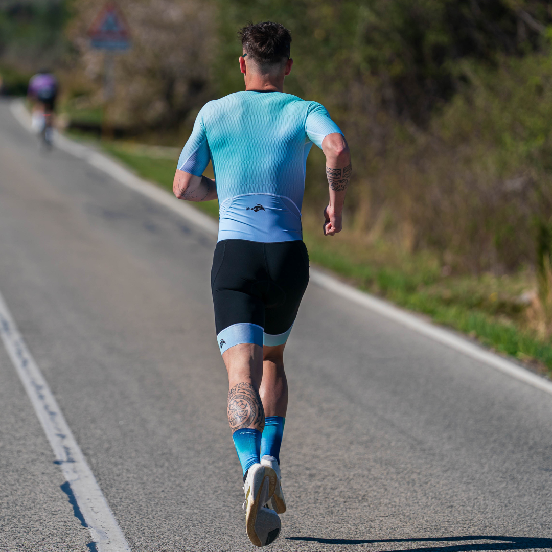 Men's long distance triathlon suit, aerodynamic performance, gel and energy bar pockets, reinforced long distance chamois, front zip, Kiwami, made in France